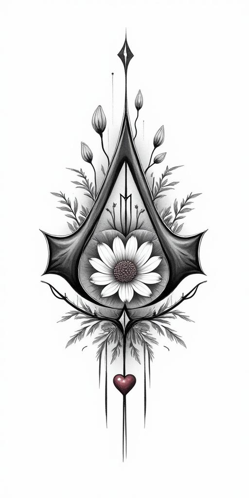 Assassins creed mixed with flowers, thorns, vines and bloodin Modest style tattoo, featuring soft, delicate line work with simple and meaningful symbols, gentle waves, a heart, evoking a sense of serenity and grace, - Variation 4