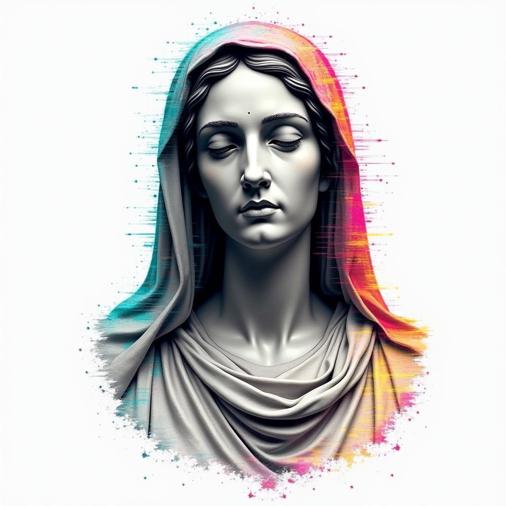 Virgin Maryin distorted and fragmented tattoo design, featuring a classical statue bust, in a glitch art style with vibrant, overlapping colors of cyan, magenta, and yellow, creating a digital distortion effect - Variation 2
