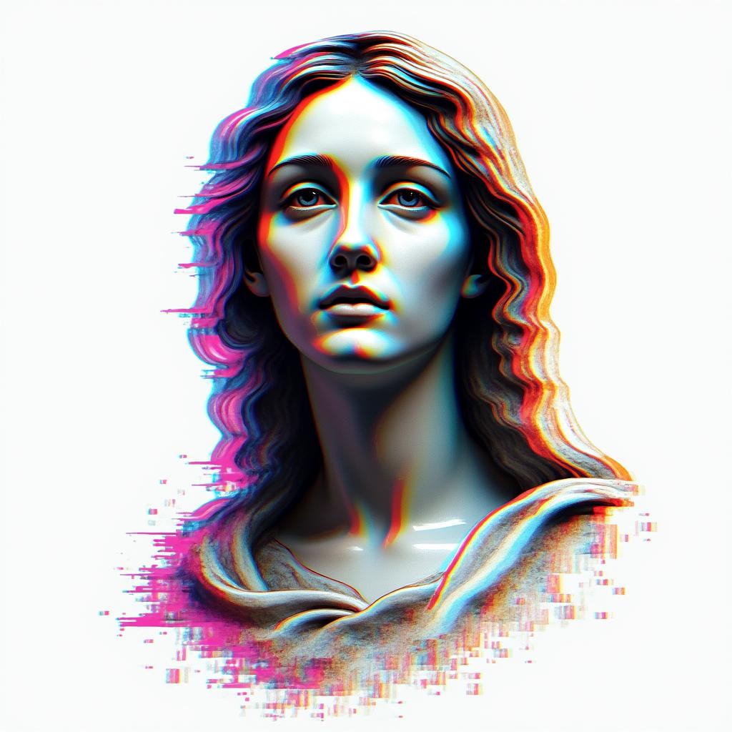 Virgin Maryin distorted and fragmented tattoo design, featuring a classical statue bust, in a glitch art style with vibrant, overlapping colors of cyan, magenta, and yellow, creating a digital distortion effect - Variation 3