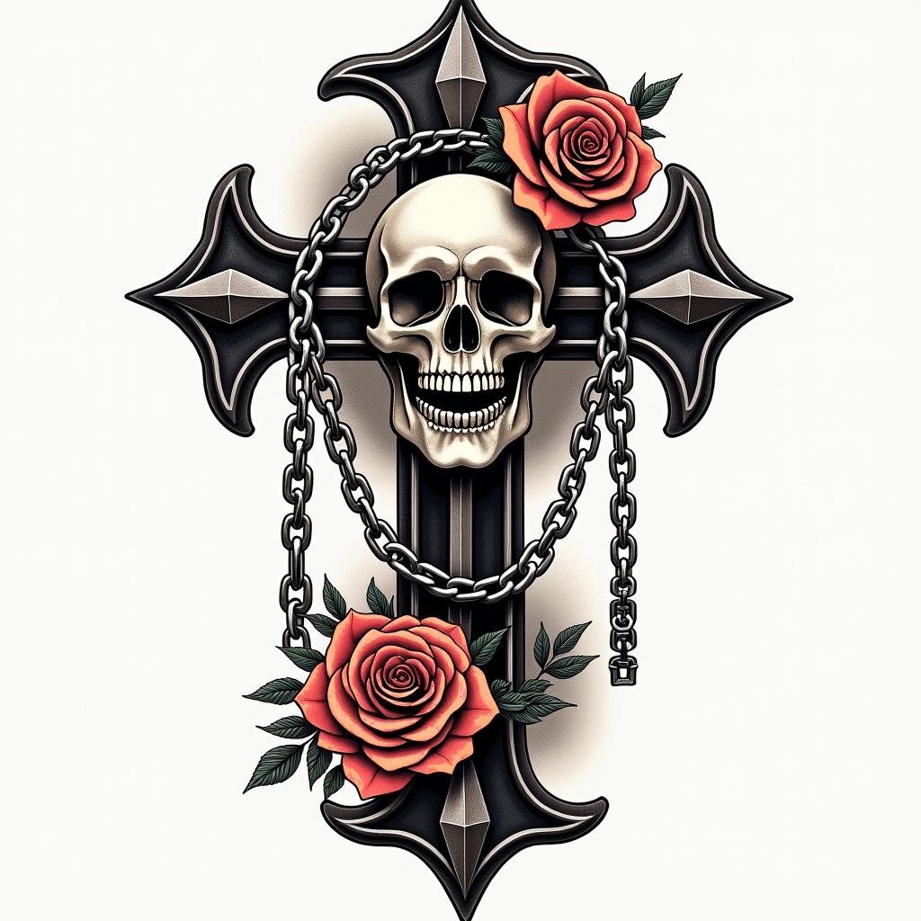 Nichole Farrell, 18/08/1988, Leoin chicano style tattoo, featuring intricate black and grey shading, bold elements of traditional chicano culture symbols, add a big cross with skull, chains and roses - Variation 2