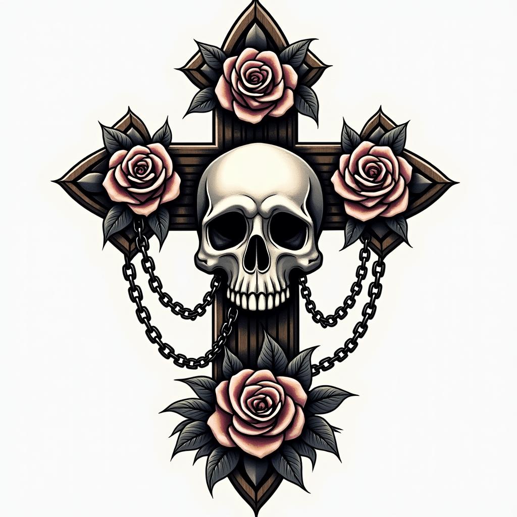 Nichole Farrell, 18/08/1988, Leoin chicano style tattoo, featuring intricate black and grey shading, bold elements of traditional chicano culture symbols, add a big cross with skull, chains and roses