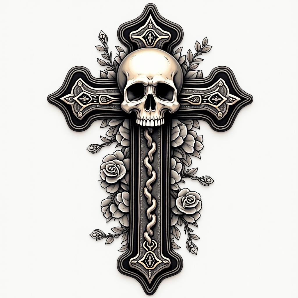 Nichole Farrell, 18/08/1988, Leoin chicano style tattoo, featuring intricate black and grey shading, bold elements of traditional chicano culture symbols, add a big cross with skull, chains and roses - Variation 3