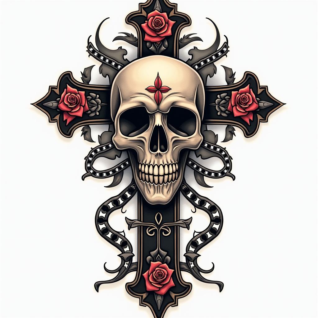 Nichole Farrell, 18/08/1988, Leoin chicano style tattoo, featuring intricate black and grey shading, bold elements of traditional chicano culture symbols, add a big cross with skull, chains and roses - Variation 4