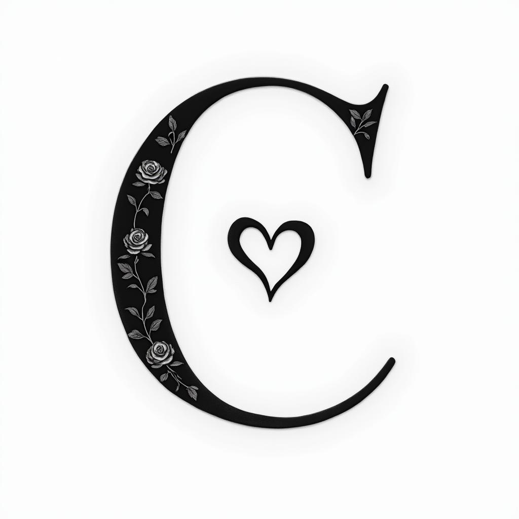 I want a simple uppercase C without too much detail, with the names Adrien, Andréa, and Leandro inside, in black and white, feminine and simple.in elegant cursive calligraphy style 2d tattoo, decorate with roses, featuring a smooth and flowing handwritten script with slightly thickened strokes for a luxurious and bold appearance, heart symbol between names, sleek and glossy black text with shadowing, minimalist matte white background, clean and sharp edges, illuminated with soft lighting, romantic, 8k, high-quality textures with refined typography