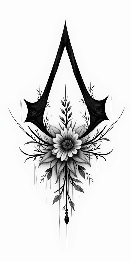 Assassins creed mixed with flowers, thorns, vines and bloodin Modest style tattoo, featuring soft, delicate line work with simple and meaningful symbols, gentle waves, a heart, evoking a sense of serenity and grace, - Variation 2