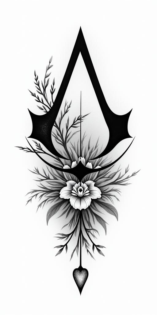 Assassins creed mixed with flowers, thorns, vines and bloodin Modest style tattoo, featuring soft, delicate line work with simple and meaningful symbols, gentle waves, a heart, evoking a sense of serenity and grace, - Variation 3