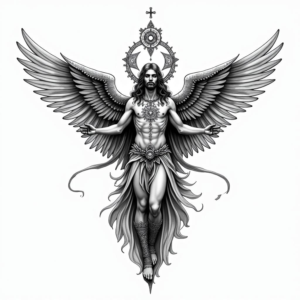 Archangel Michaelin paganic style tattoo, featuring ancient symbols, add vegvisir symbol, mystical figures, incorporating designs, pentagrams, runes, crescent moons,