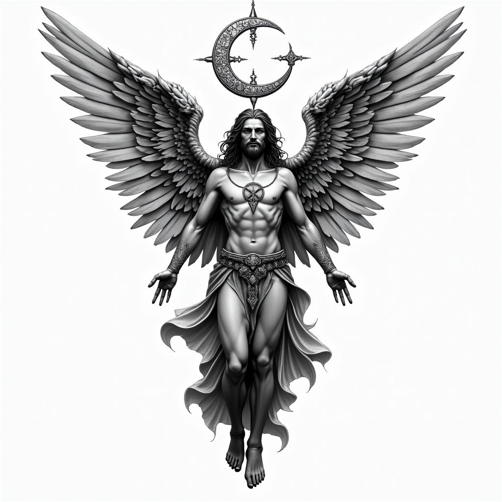Archangel Michaelin paganic style tattoo, featuring ancient symbols, add vegvisir symbol, mystical figures, incorporating designs, pentagrams, runes, crescent moons, - Variation 3