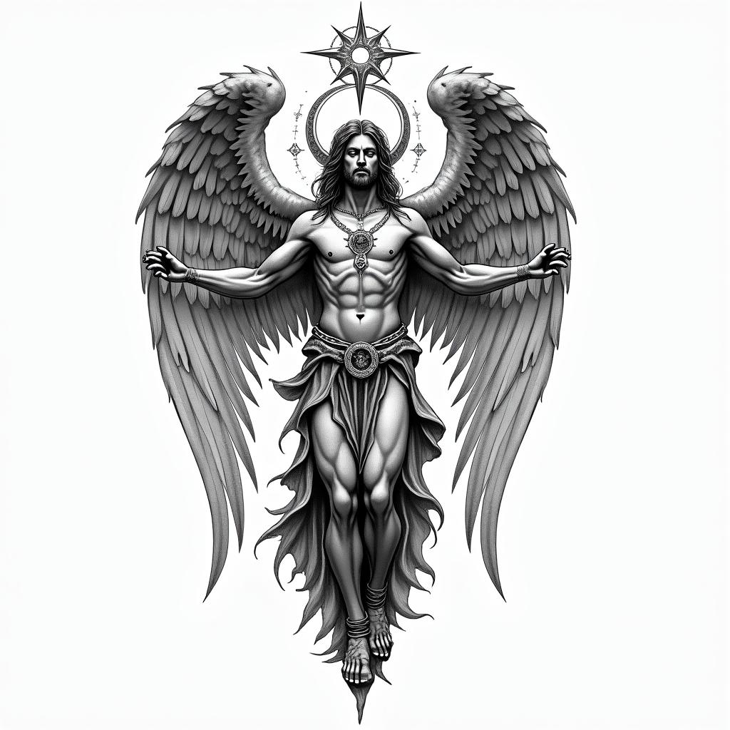 Archangel Michaelin paganic style tattoo, featuring ancient symbols, add vegvisir symbol, mystical figures, incorporating designs, pentagrams, runes, crescent moons, - Variation 2