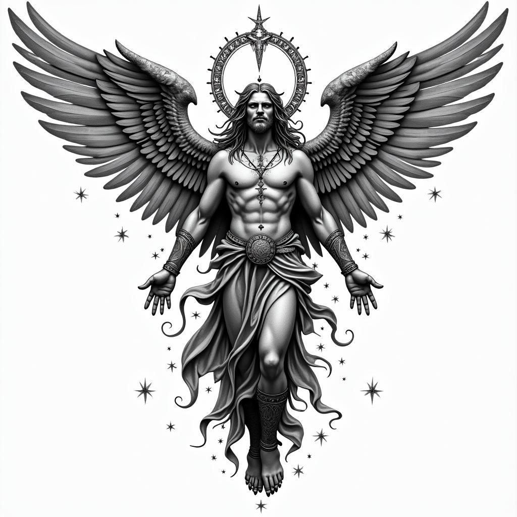 Archangel Michaelin paganic style tattoo, featuring ancient symbols, add vegvisir symbol, mystical figures, incorporating designs, pentagrams, runes, crescent moons, - Variation 4