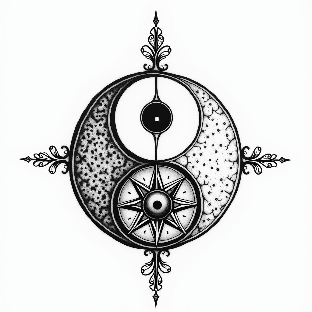 Yin fights against yangin spiritual symbols tattoo style, featuring an intricate design incorporating elements, Hamsa hand, third eye, minimalist composition - Variation 2