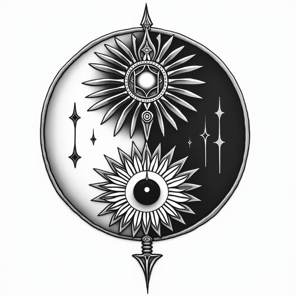 Yin fights against yangin spiritual symbols tattoo style, featuring an intricate design incorporating elements, Hamsa hand, third eye, minimalist composition - Variation 4