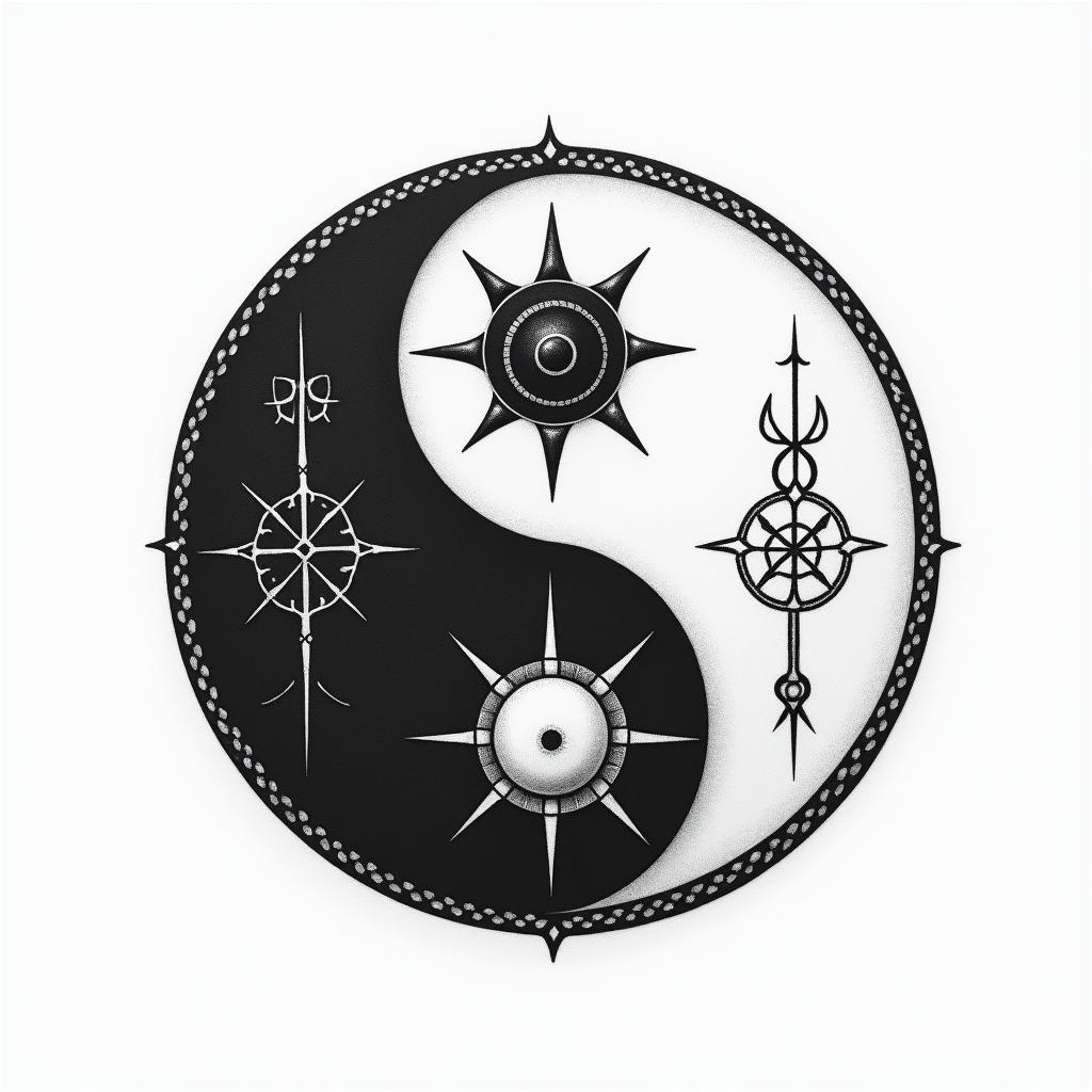 Yin fights against yangin spiritual symbols tattoo style, featuring an intricate design incorporating elements, Hamsa hand, third eye, minimalist composition