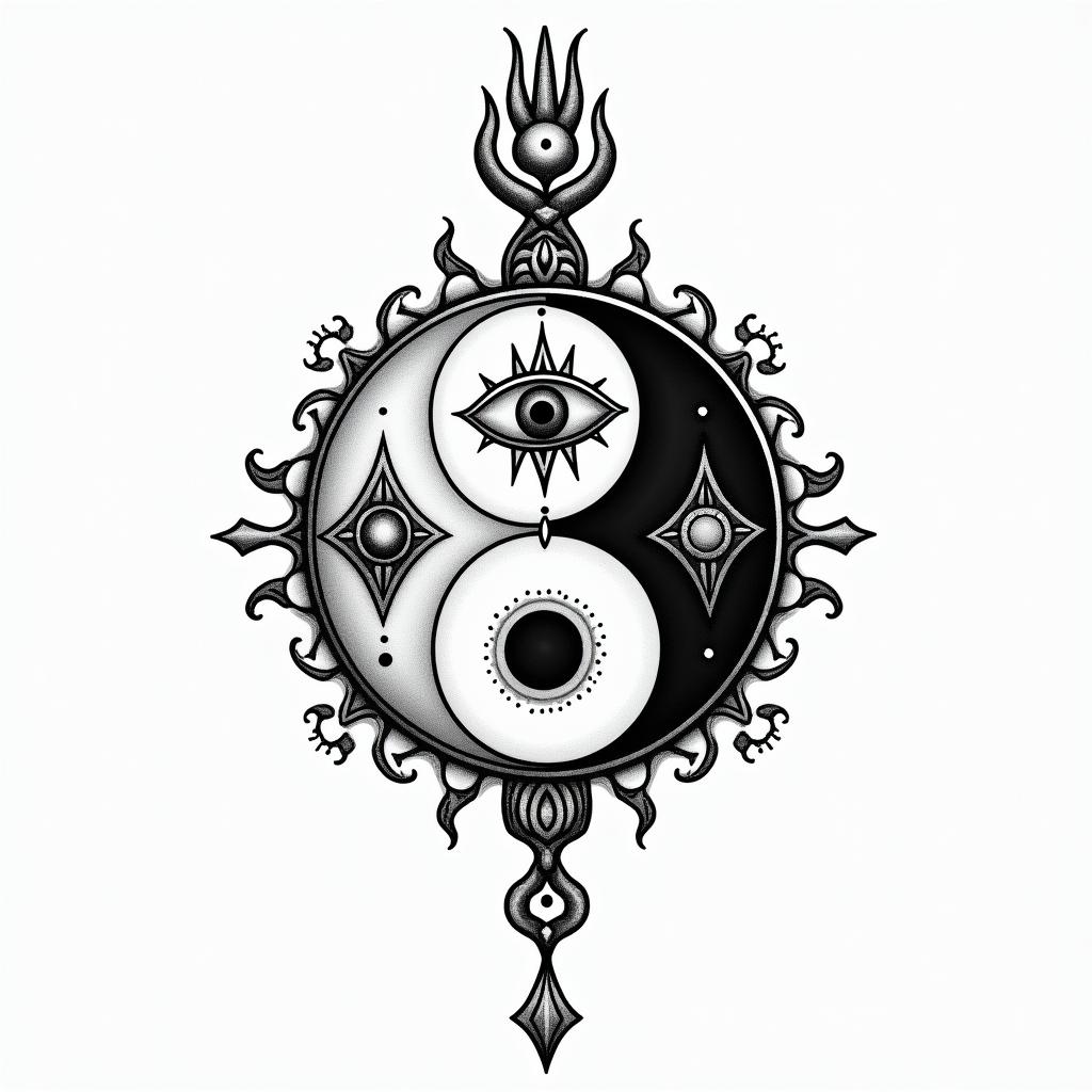 Yin fights against yangin spiritual symbols tattoo style, featuring an intricate design incorporating elements, Hamsa hand, third eye, minimalist composition - Variation 3