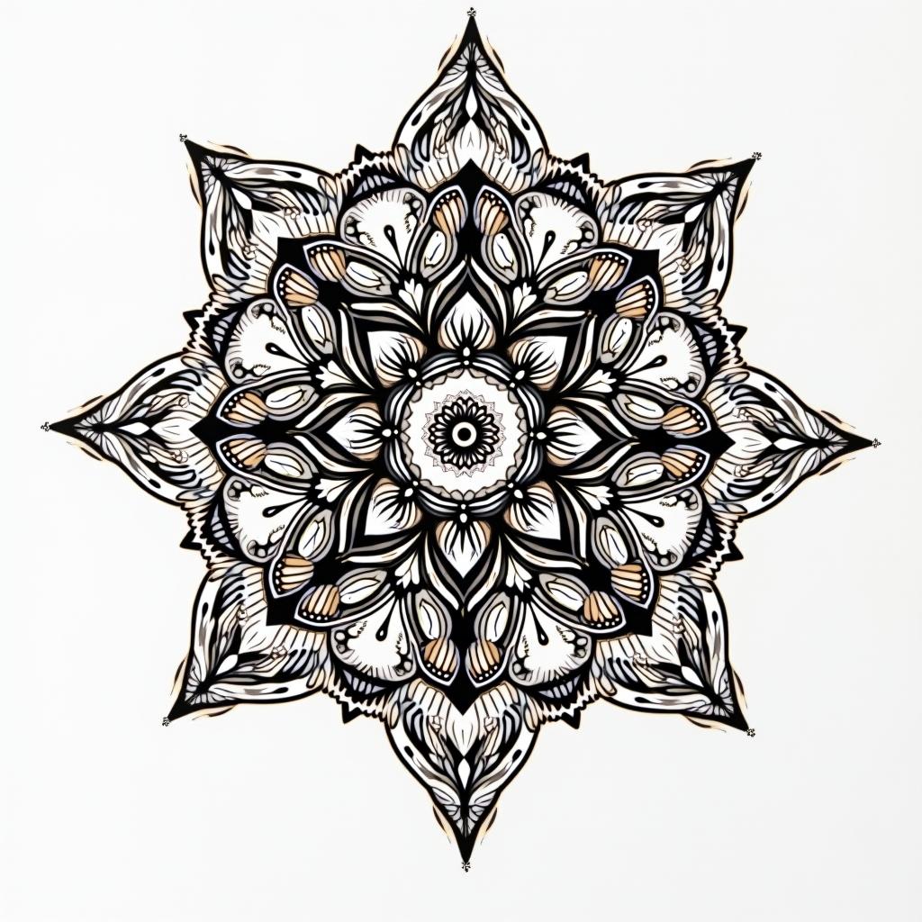 Nichole Farrell, 18/08/1988, Leoin dotwork style tattoo, complex mandala patterns, interlocking geometric shapes with sharp symmetry, clean lines, sharp angles - Variation 1