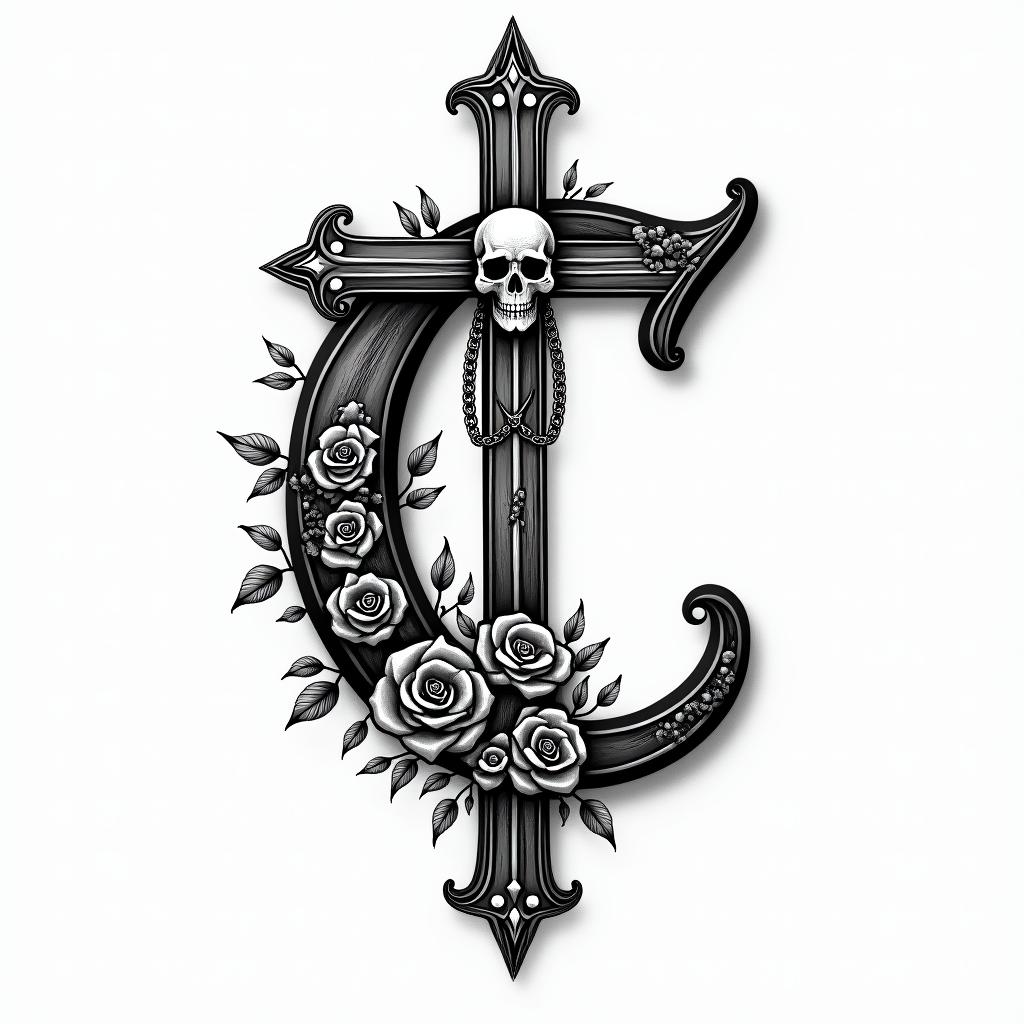 I want a simple uppercase C without too much detail with the names Adrien, Andréa, and Leandro inside, in black and white, feminine and simple.in chicano style tattoo, featuring intricate black and grey shading, bold elements of traditional chicano culture symbols, add a big cross with skull, chains and roses - Variation 3