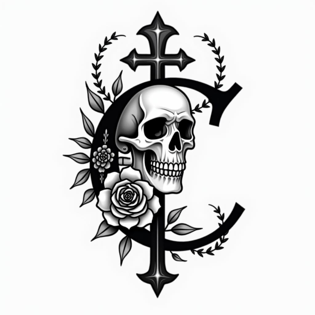 I want a simple uppercase C without too much detail with the names Adrien, Andréa, and Leandro inside, in black and white, feminine and simple.in chicano style tattoo, featuring intricate black and grey shading, bold elements of traditional chicano culture symbols, add a big cross with skull, chains and roses - Variation 2