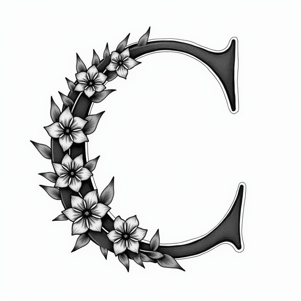 I want a simple uppercase C without too much detail with the names Adrien, Andréa, and Leandro inside, in black and white, feminine and simple.higly detailed tattoo - Variation 2
