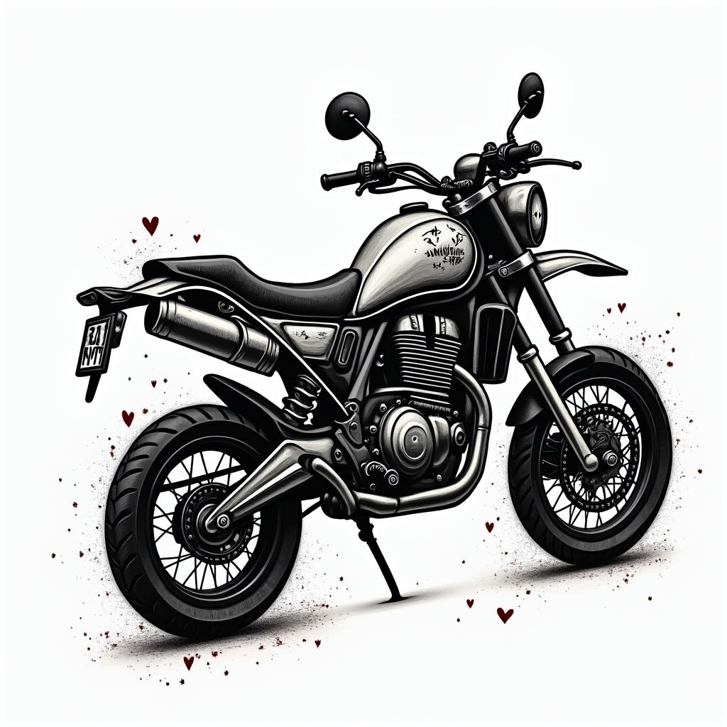 Motorcyclein graffiti style tattoo, featuring bold and dynamic street art elements, spray-paint texture with exaggerated lines and expressive, chaotic brushstrokes, intricate lettering incorporated with graffiti tags, symbols like hearts, stars, and wings - Variation 3