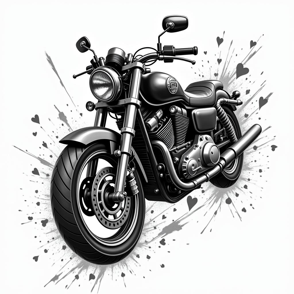 Motorcyclein graffiti style tattoo, featuring bold and dynamic street art elements, spray-paint texture with exaggerated lines and expressive, chaotic brushstrokes, intricate lettering incorporated with graffiti tags, symbols like hearts, stars, and wings - Variation 4