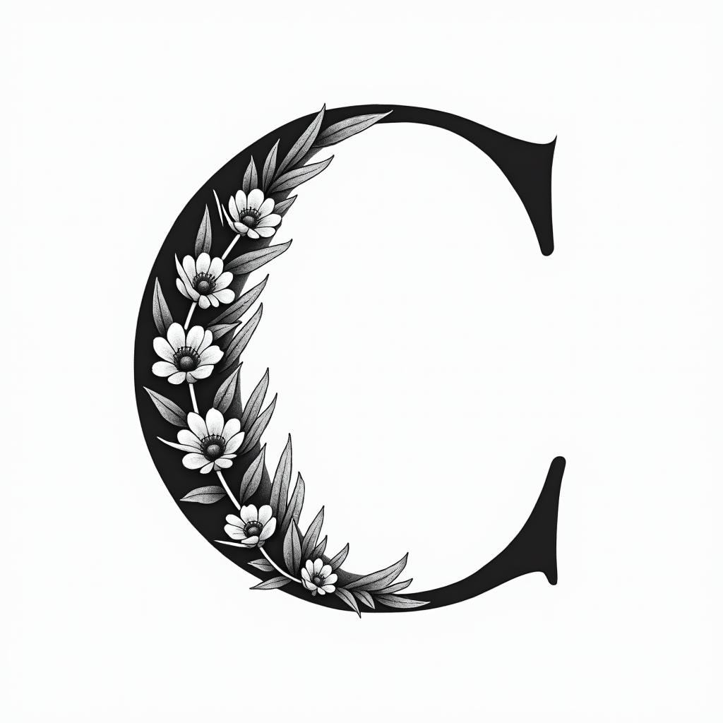 I want a simple capital C without too much detail with the names Adrien, Andréa, and Leandro inside, in black and white, feminine and simple.in bohemian style tattoo, 8k - Variation 4