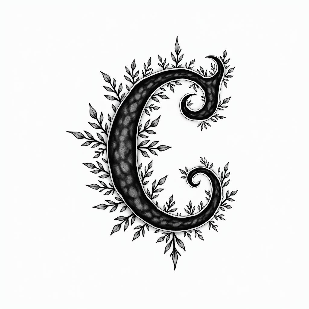 I want a simple capital C without too much detail with the names Adrien, Andréa, and Leandro inside, in black and white, feminine and simple.in bohemian style tattoo, 8k - Variation 3