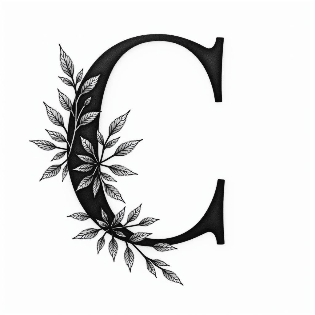 I want a simple capital C without too much detail with the names Adrien, Andréa, and Leandro inside, in black and white, feminine and simple.in bohemian style tattoo, 8k - Variation 2