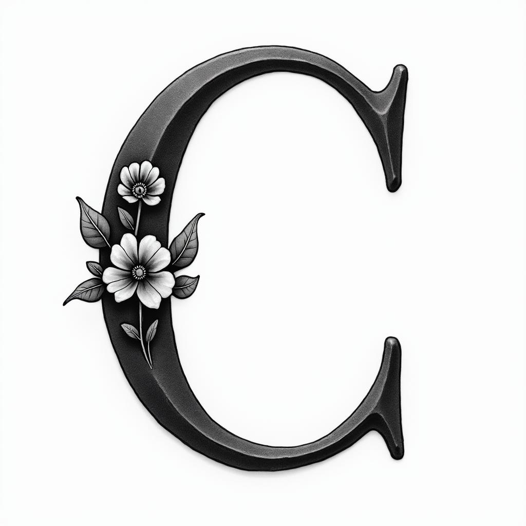 I want a simple capital C without too much detail with the names Adrien, Andréa, and Leandro inside, in black and white, feminine and simple.in bohemian style tattoo, 8k