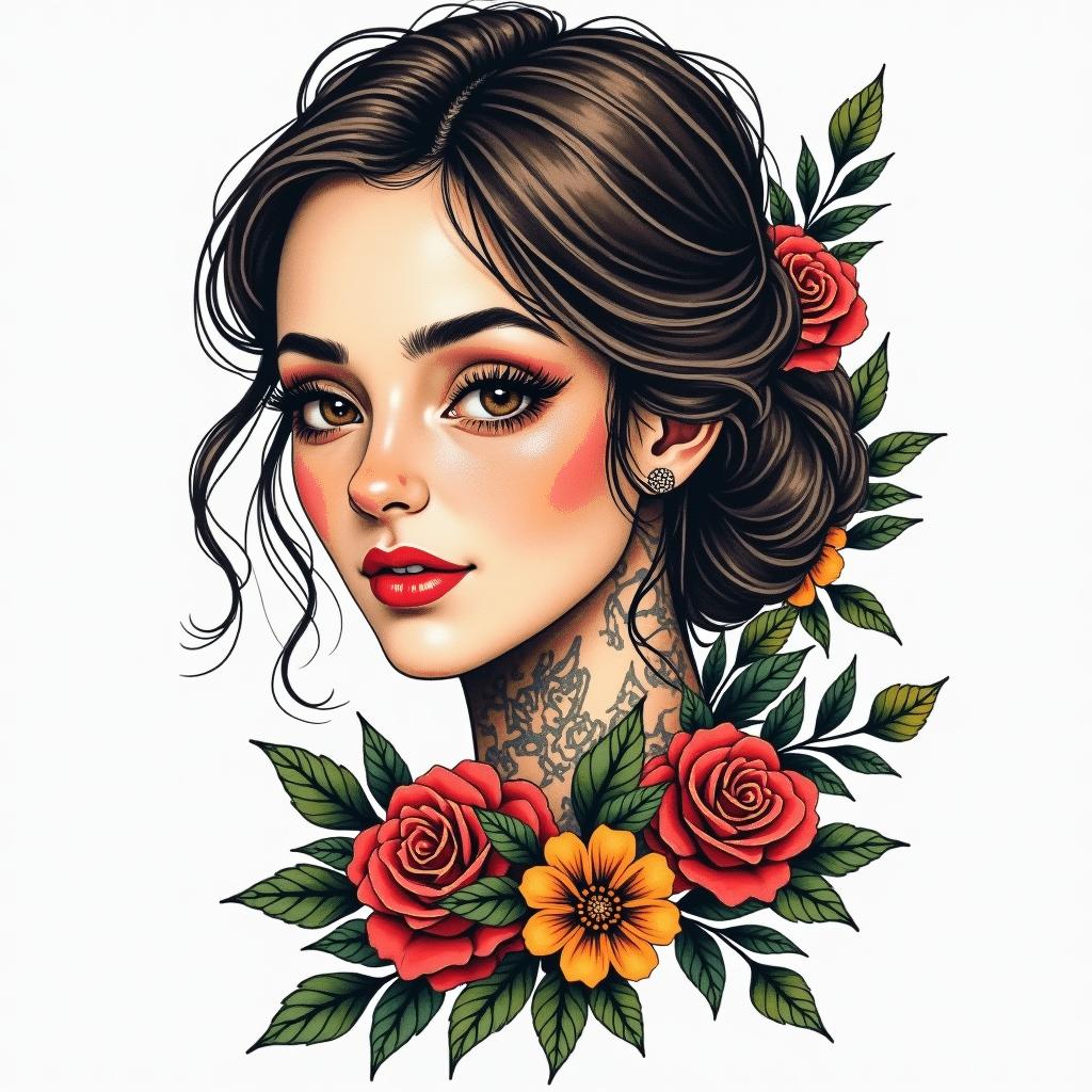 Nichole Farrell, 18/08/1988, Leoin authentic tattoo style, incorporating traditional modifications, bold black outlines, solid color fills, featuring classic authentic elements - Variation 2