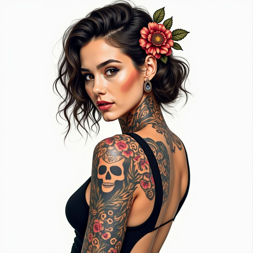 Nichole Farrell, 18/08/1988, Leoin authentic tattoo style, incorporating traditional modifications, bold black outlines, solid color fills, featuring classic authentic elements