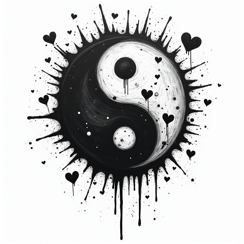 Yin fights against yangin graffiti style tattoo, featuring bold and dynamic street art elements, spray-paint texture with exaggerated lines and expressive, chaotic brushstrokes, intricate lettering incorporated with graffiti tags, symbols like hearts, stars, and wings - Variation 2