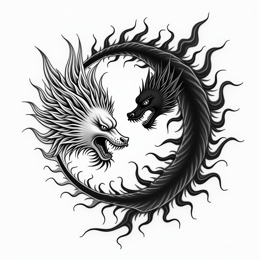 Yin fights against yang.in japanese style tattoo, detailed tattoo, traditional japanese culture tattoo, mythology, 8k - Variation 3