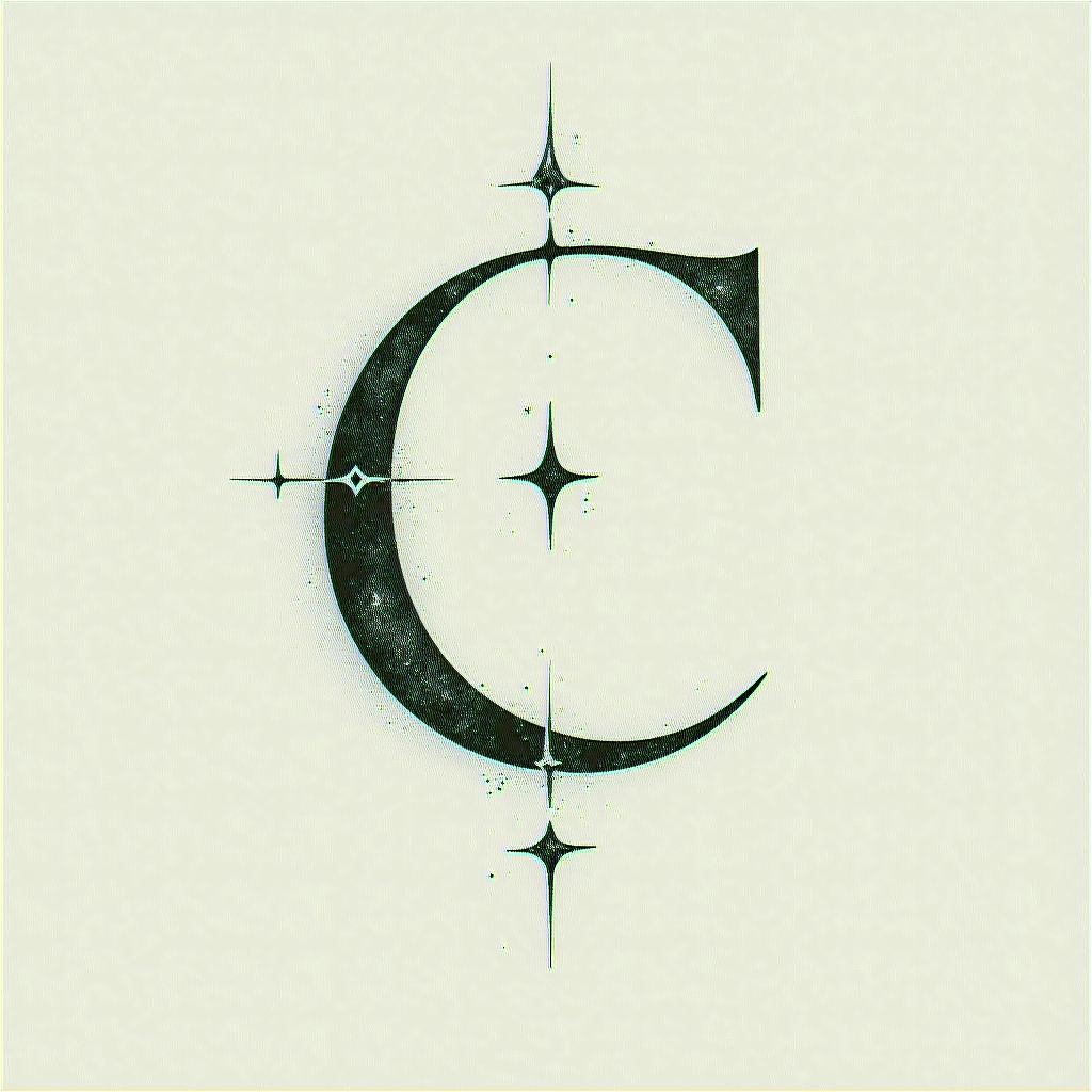 I want a simple capital C without too much detail with the names Adrien, Andréa, and Leandro inside, in black and white, feminine and simple.in minimalist style tattoo, featuring simple shapes and fine lines, with minimal shading and details, tiny triangles, creating a sense of balance and harmony - Variation 4