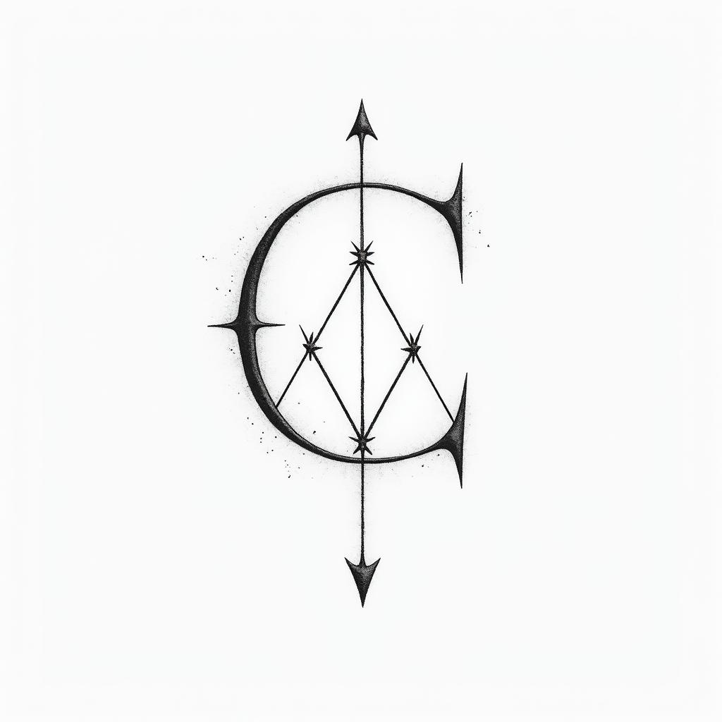 I want a simple capital C without too much detail with the names Adrien, Andréa, and Leandro inside, in black and white, feminine and simple.in minimalist style tattoo, featuring simple shapes and fine lines, with minimal shading and details, tiny triangles, creating a sense of balance and harmony