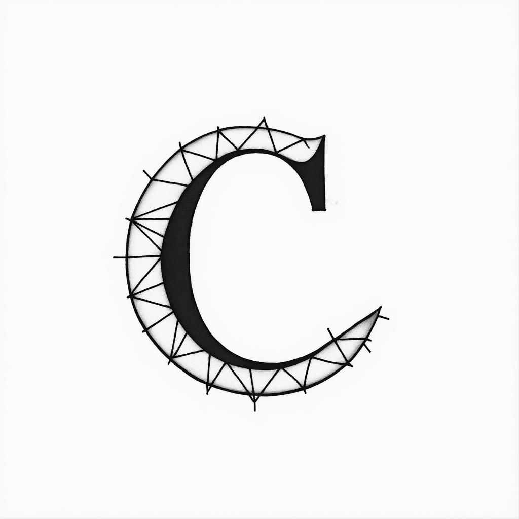 I want a simple capital C without too much detail with the names Adrien, Andréa, and Leandro inside, in black and white, feminine and simple.in minimalist style tattoo, featuring simple shapes and fine lines, with minimal shading and details, tiny triangles, creating a sense of balance and harmony - Variation 2