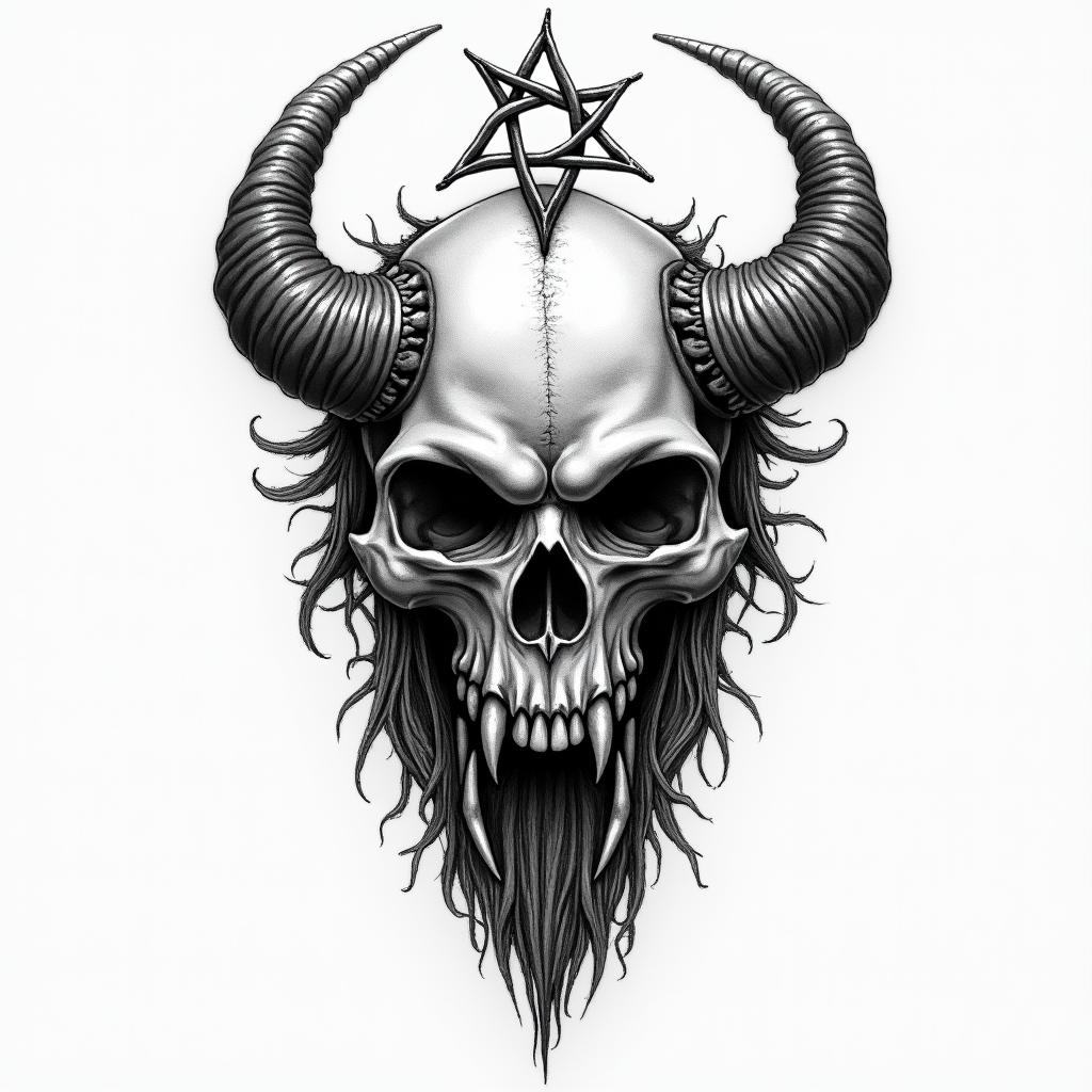 Viking skull complete leg piececreepy horror tattoo style, featuring an eerie and unsettling skull of a demonic creature, distorted face with sharp fangs, add pentagram symbol - Variation 4