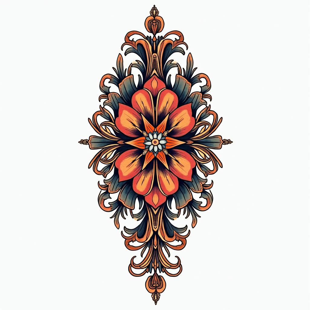 Nichole Farrell, 18/08/1988, Leoin ornamental tattoo style, featuring intricate symmetrical patterns and floral designs, showcasing highly detailed line work and geometric shapes, creating a sense of elegance and balance
