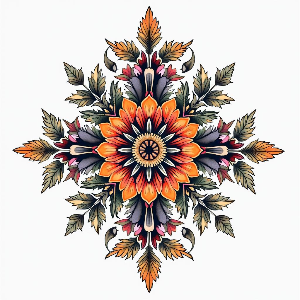 Nichole Farrell, 18/08/1988, Leoin ornamental tattoo style, featuring intricate symmetrical patterns and floral designs, showcasing highly detailed line work and geometric shapes, creating a sense of elegance and balance - Variation 4