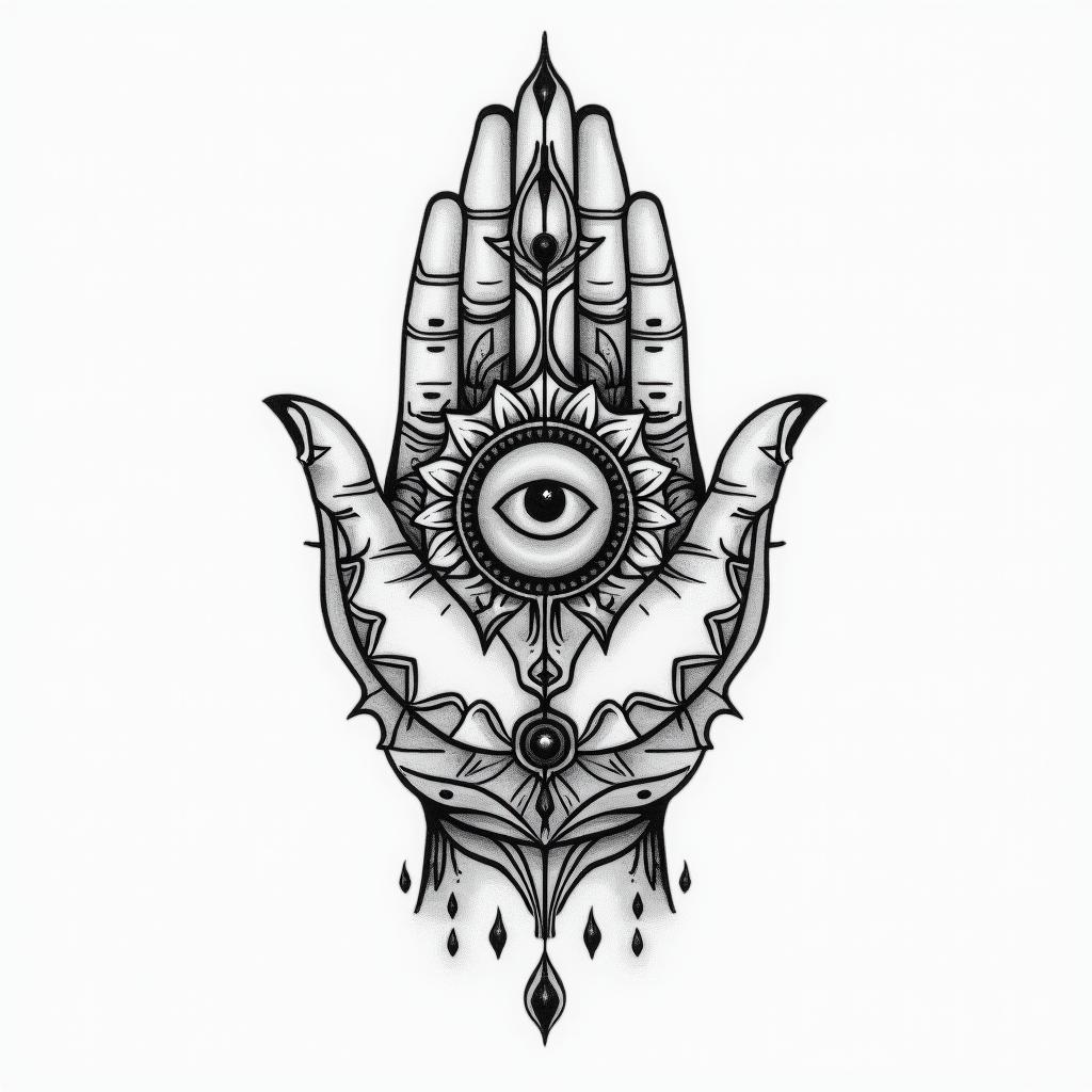 Forgivenessin spiritual symbols tattoo style, featuring an intricate design incorporating elements, Hamsa hand, third eye, minimalist composition - Variation 4