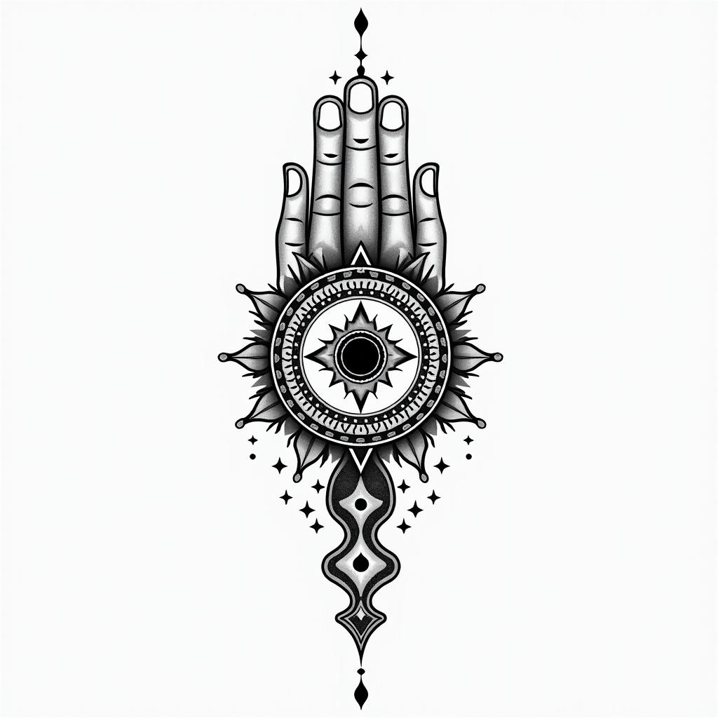 Forgivenessin spiritual symbols tattoo style, featuring an intricate design incorporating elements, Hamsa hand, third eye, minimalist composition - Variation 3