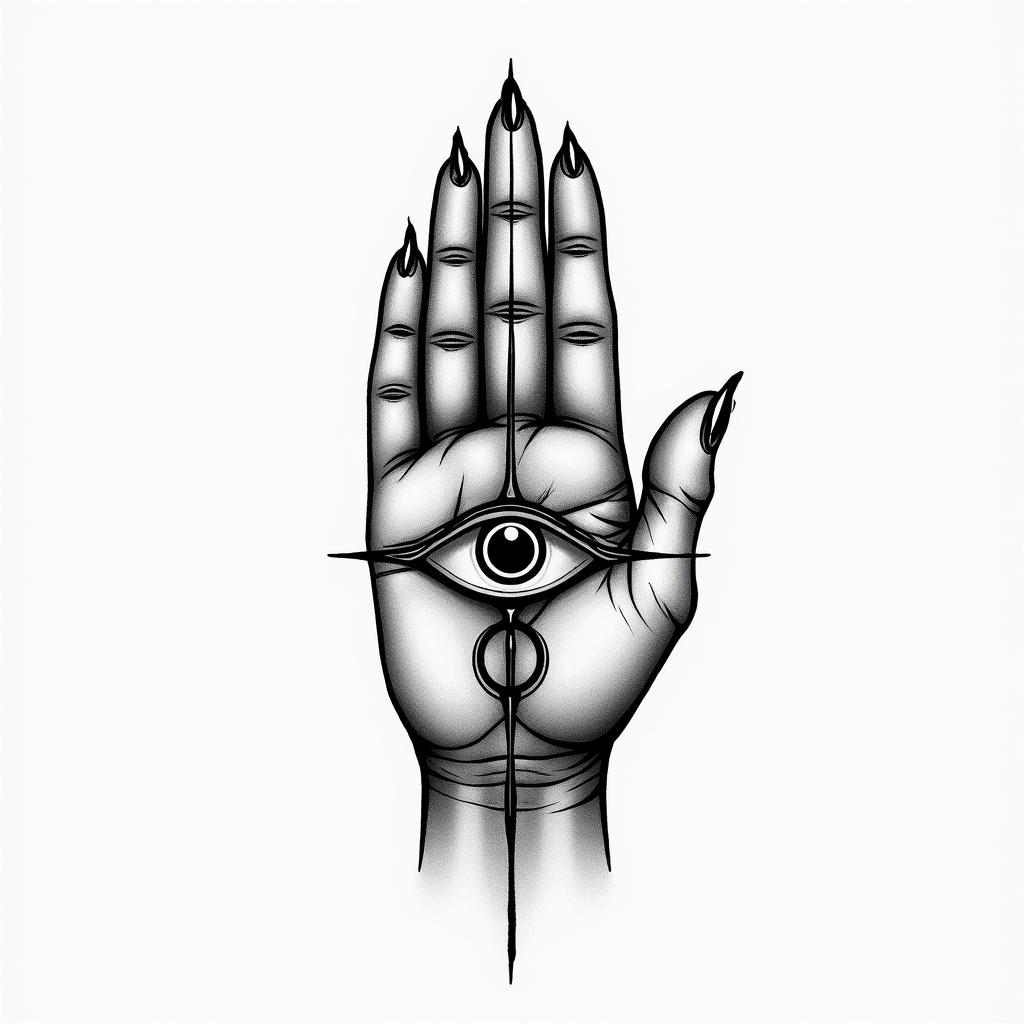 Forgivenessin spiritual symbols tattoo style, featuring an intricate design incorporating elements, Hamsa hand, third eye, minimalist composition - Variation 2