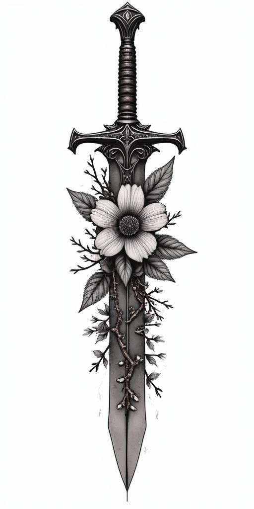 Assassins creed blade mixed with flowers, thorns, vines and bloodin portrait tattoo style, featuring a highly realistic and detailed depiction