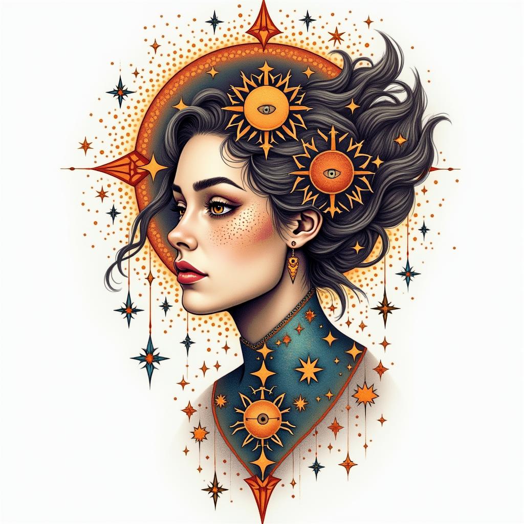 Nichole Farrell, 18/08/1988, Leoin prophecy tattoo style, featuring mystical symbols, celestial imagery like stars, moons, suns, geometric patterns, foretelling elements, an eye of wisdom - Variation 4