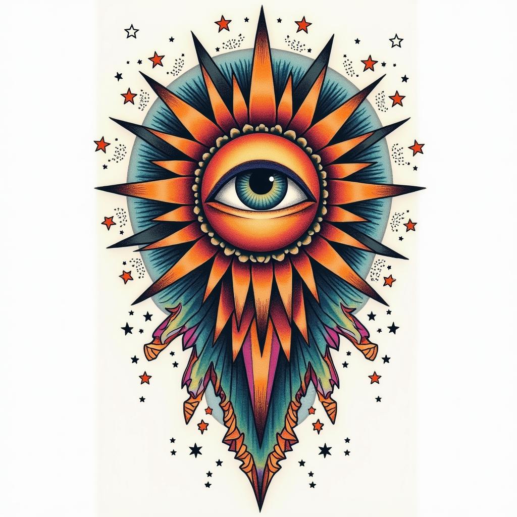 Nichole Farrell, 18/08/1988, Leoin prophecy tattoo style, featuring mystical symbols, celestial imagery like stars, moons, suns, geometric patterns, foretelling elements, an eye of wisdom - Variation 3
