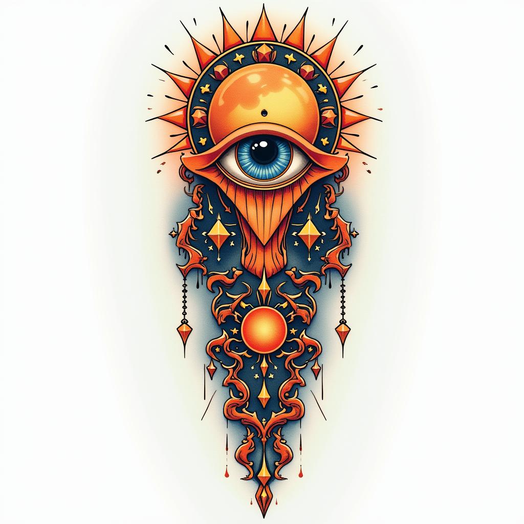 Nichole Farrell, 18/08/1988, Leoin prophecy tattoo style, featuring mystical symbols, celestial imagery like stars, moons, suns, geometric patterns, foretelling elements, an eye of wisdom