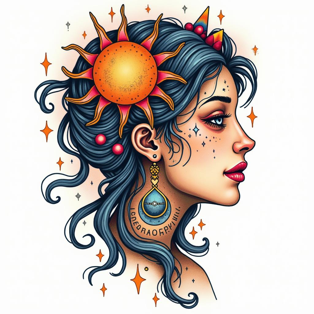 Nichole Farrell, 18/08/1988, Leoin prophecy tattoo style, featuring mystical symbols, celestial imagery like stars, moons, suns, geometric patterns, foretelling elements, an eye of wisdom - Variation 2