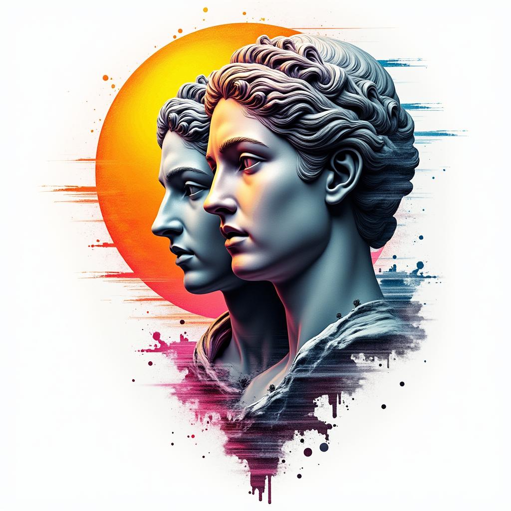 Sun and moon intertwined, shiningin distorted and fragmented tattoo design, featuring a classical statue bust, in a glitch art style with vibrant, overlapping colors of cyan, magenta, and yellow, creating a digital distortion effect - Variation 5