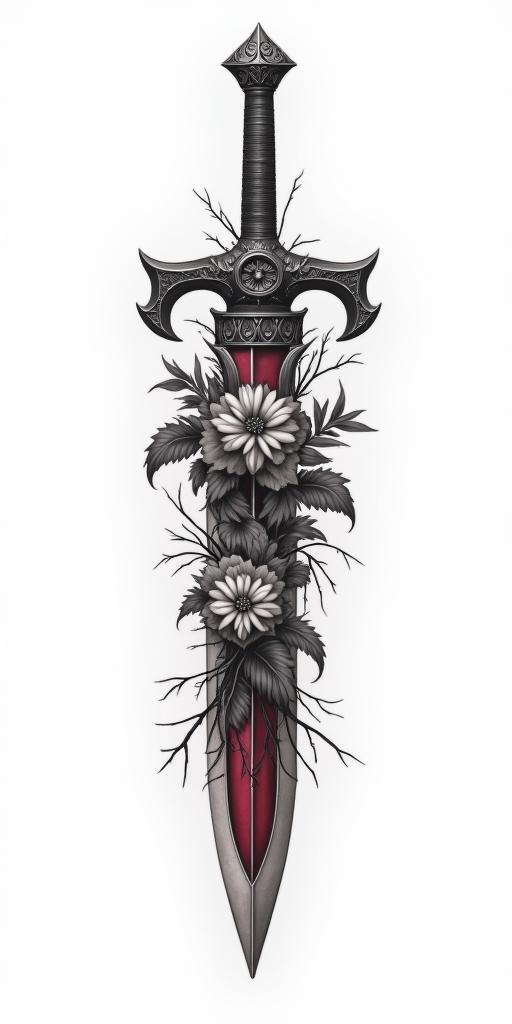 Assassins creed weapon mixed with flowers, thorns, vines and bloodin portrait tattoo style, featuring a highly realistic and detailed depiction  - Variation 3