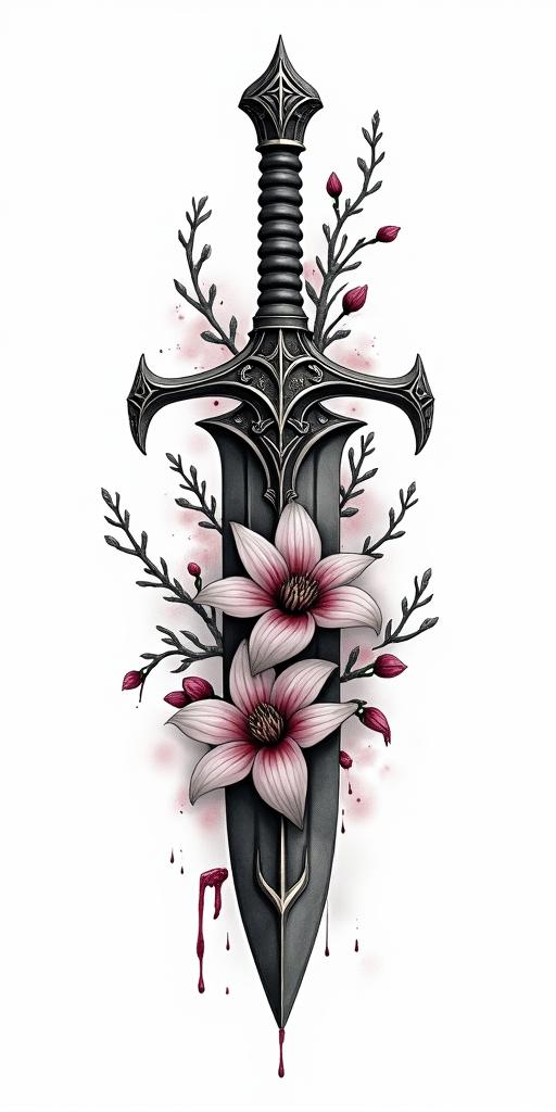 Assassins creed weapon mixed with flowers, thorns, vines and bloodin portrait tattoo style, featuring a highly realistic and detailed depiction  - Variation 4