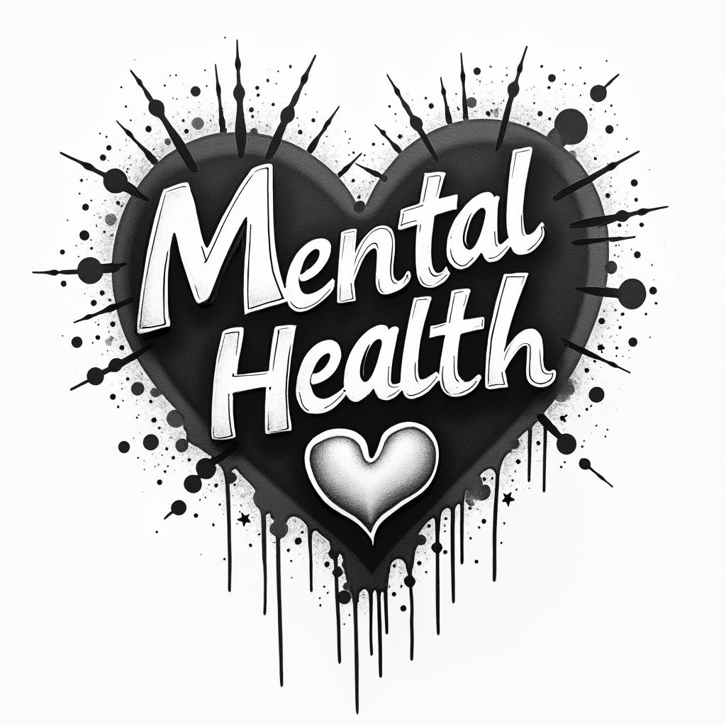 Mental health graffiti artin graffiti style tattoo, featuring bold and dynamic street art elements, spray-paint texture with exaggerated lines and expressive, chaotic brushstrokes, intricate lettering incorporated with graffiti tags, symbols like hearts, stars, and wings - Variation 2